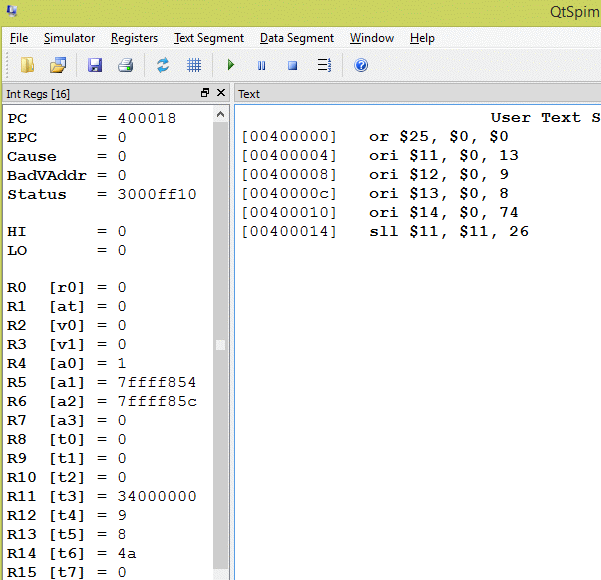 SPIM picture of the Registers