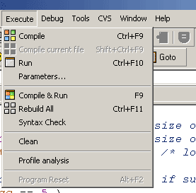 DEV-C++ menu