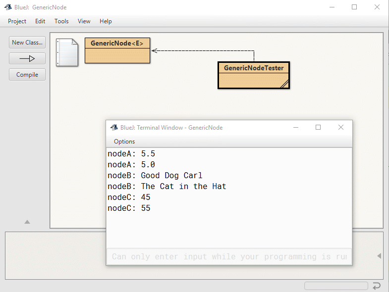 BlueJ output of generic node tester